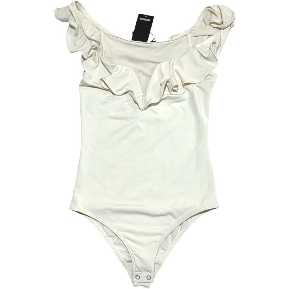 Express Bodysuit Womens XS Ivory Ruffle Off Shoulder Body Contour NWT